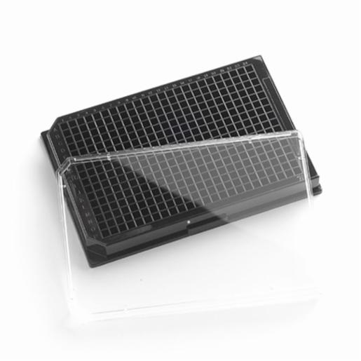 Porvair Sciences 384 Well 120 µl Polystyrene, Black  F bottom assay plate, TC Treated, with Lid 223009